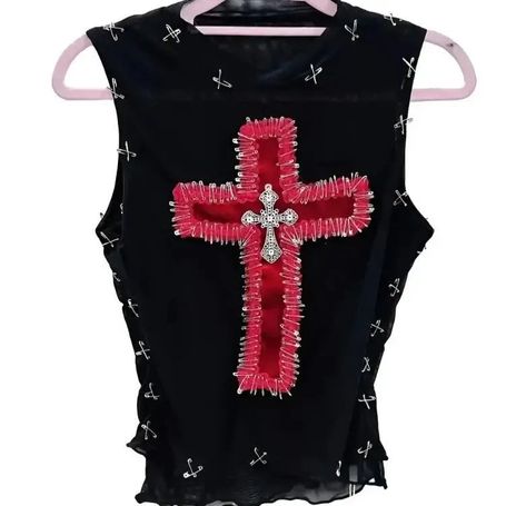 Discover our Y2K & Gothic-inspired tank tops with slight stretch & unique embroidery. Perfect for summer. Embrace your style with our polyester blend tops. Grunge Cross, Gothic Tank Tops, Cross Tank Top, Gothic Cross, Gothic Crosses, Cute Crop Tops, Maxi Dress Formal, Summer Tank Tops, Bold Design