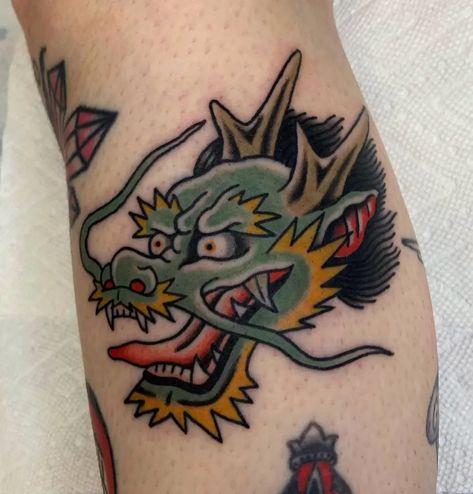 Traditional Japanese Dragon Head Tattoo, Dragon Head Tattoo Traditional, Dragon Head Japanese, Dragon Tattoo American Traditional, Alamo Tattoo, Traditional Dragon Head Tattoo, Trad Dragon Tattoo, Japanese Traditional Dragon Tattoo, Japanese Patchwork Tattoo