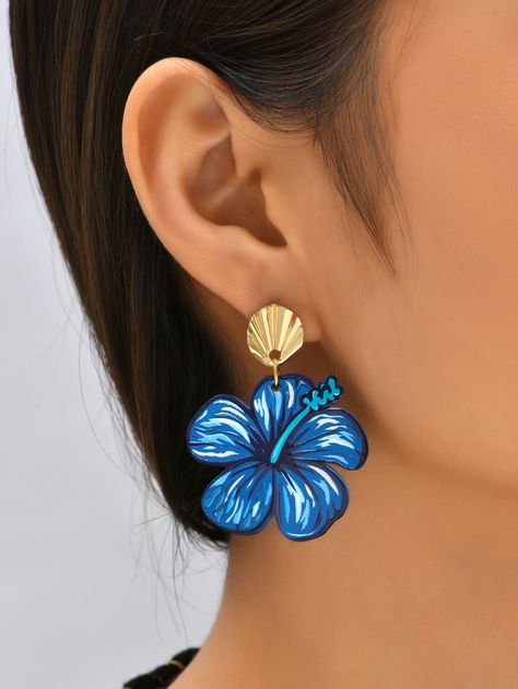 Flower Charm Drop EarringsI discovered amazing products on SHEIN.com, come check them out! Blue Hibiscus Flower, Jewelry Shein, Shein Jewelry, Flower Hibiscus, Diy Earrings Easy, Polymer Flowers, Fimo Beads, Tropical Earrings, Pearl Drop Earrings Gold