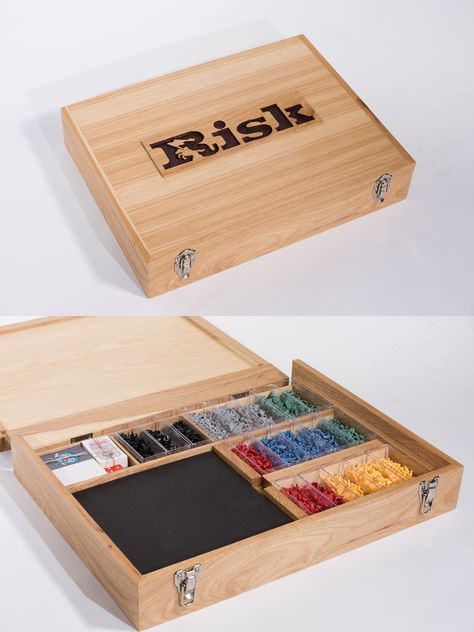 Hickory risk board box. This box holds all the boards and pieces I have collected over time. Risk Game Board, Board Game Box Diy, Board Game Storage Boxes, Risk Board Game, Risk Game, Risk Games, Custom Board Games, Board Game Box, Board Games Diy