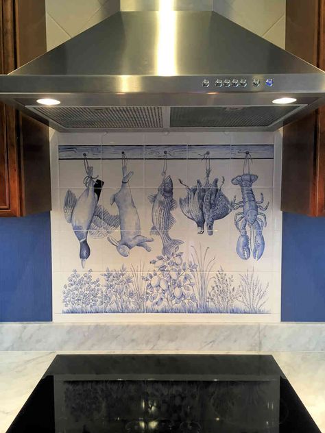 Kitchen Murals Backsplash, Tile Mural Bathroom, Portuguese Tile Backsplash, Tile Murals Kitchen, Portuguese Interior Design, Portuguese Kitchen, Tile Fish, Kitchen Tile Mural, Kitchen Mural