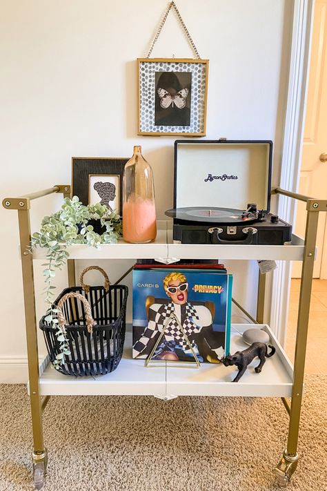 Cardi B record with record player on bar cart Bar Cart With Record Player, Barcart Bedroom Table, Bar Cart Record Player, Turn Table Set Up, Record Player Bar Cart, Bart Cart Set Up, Bar Cart Thrift, Bar Cart Colorful Glasses, Record Player Table