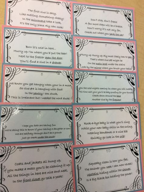 10 clues cause she's due on the tenth, I alternated pink and blue for the back of each clue. I picked 10 places to hide the clues in an envelope around her house to lease the the box that holds the gender. Gender Reveal Scavenger Hunt Clues, Gender Reveal Scavenger Hunt, Baby Reveal Party Games, Valentine Cards For Boyfriend, Creative Gender Reveals, Baby Gender Reveal Party Decorations, Pregnancy Gender, Gender Reveal Party Games, Scavenger Hunt Clues