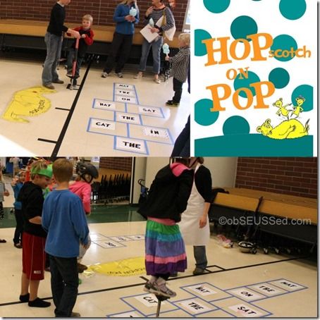 Hop(scotch) on Pop - with pogo-stick for older kids Reading Carnival Games, Dr Seuss Games, Dr Seuss Game, Literacy Night Activities, School Carnival Games, Daisy Head, Dr Seuss Preschool, Family Literacy Night, Dr Seuss Classroom