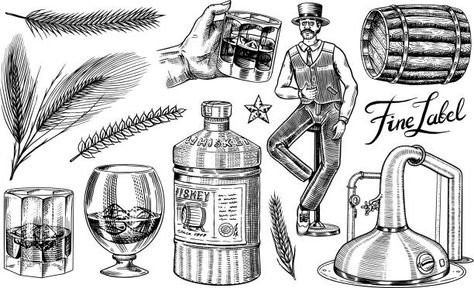 Whiskey Logo, Brewery Logos, Bottle Logo, Whiskey Label, Victorian Man, Whiskey Set, American Symbols, Engraving Illustration, Vector Sketch