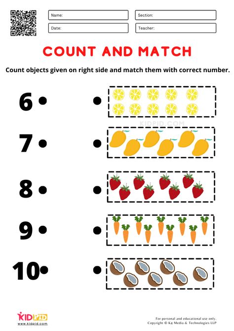 Count And Match 1-10, Count And Match Worksheets 1-20, Count And Match Worksheets, Activity Pages For Kids Free Printables, Preschool English, Counting Worksheets For Kindergarten, Free Kindergarten Printables, Color Worksheets For Preschool, Fun Math Worksheets