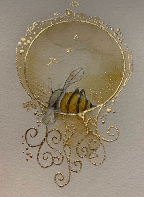 Jilly Henderson Art, Bee Art Painting, Metallic Watercolor Painting, Aquarel Art, Metallic Painting, Dragonfly Artwork, Glitter Watercolor, Bee Artwork, Gold Art Painting