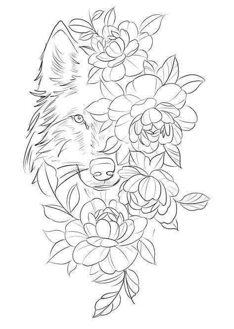 Wolf Flower Tattoo Design, Wolf Flower Tattoo, Wolf Stencil, Wolf Face, Leather Tooling Patterns, Tooling Patterns, Wolf Tattoo Design, Forearm Tattoo Women, Peonies Tattoo