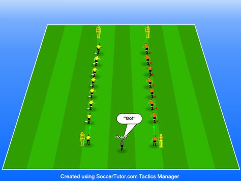 Edge of Play | Sprint Relay Lines Soccer Relay Races, Soccer Conditioning Drills, Soccer Conditioning, Soccer Practice Plans, Conditioning Drills, Football Coaching Drills, Rugby Training, Relay Races, Football Drills