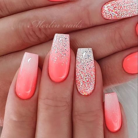 Coral Ombre Nails, Pink Gel Nails Designs, Merlin Nails, Coral Nail Art, Pink Gel Nails, Coral Nails, Fancy Nails Designs, Wedding Nail, Nail Design Ideas