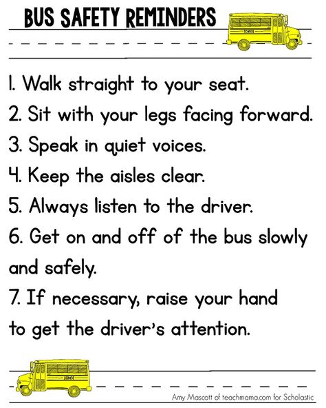 Download This Printable for School Bus Safety Week | Parents | Scholastic.com Bus Safety Kindergarten, Bus Safety For Preschoolers, School Bus Safety Free Printable, Bus Rules, Safety Town, Safety Worksheets, School Bus Driving, School Bus Safety, Energy Bus