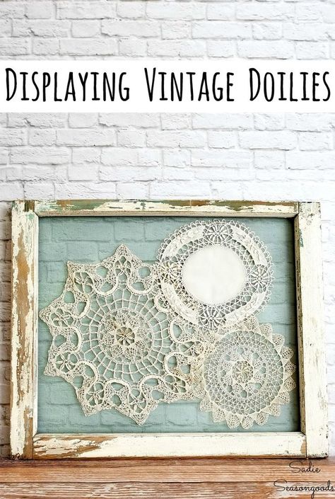 Shabby chic wall decor or window pane decor is a snap with this gorgeous upcycling idea from Sadie Seasongoods! She display lace doilies inside a wooden window frame to create gorgeous shabby chic wall art for her cottage style bedroom. Get all the DIY details at www.sadieseasongoods.com . #vintagefarmhousedecor #vintagefarmhouse #shabbychicdecor #shabbychicwalldecor #vintagedecor #cottagedecor #cottagestyledecor #shabbychicbedroom #vintagedoilies #windowpanedecor #windowframe Framed Doilies, Window Pane Decor, Chic Decor Diy, Muebles Shabby Chic, Doily Art, Shabby Chic Wall Art, Chic Wall Decor, Shabby Chic Decor Diy, Old Window Frame