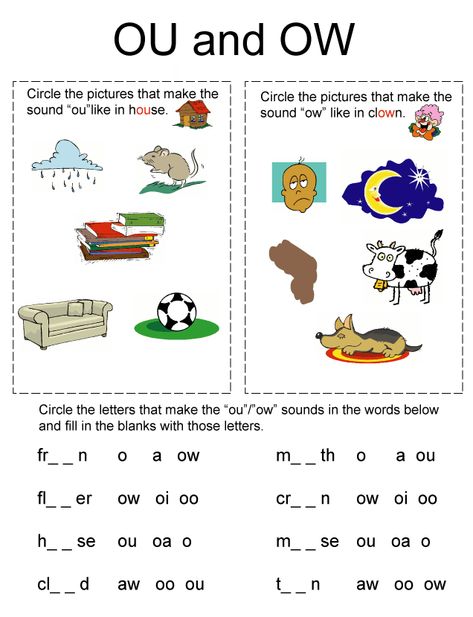 Phonics Worksheets..Rules to remember to teach difference between OU and OW...There is a simple rule, which has only three exceptions:  OW is used: 1. at the end of a word eg how, cow   2. at the end of a syllable within a word eg flow-er, tow-el   3. before 'n' or 'l' if they are at the end of a word eg brown, howl  OU is used in every other case....  ... with the following exceptions: noun  foul  crowd Diphthongs Ou Ow Worksheets, Ou Words Worksheet, Ou And Ow Spelling Rule, Ou Words Phonics, Ou And Ow Worksheets, Ou Sound Worksheets, Ow Words Worksheet, Oi Worksheets, Ow Sound