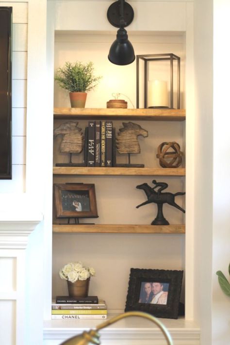 Stained wood shelves for built ins Natural Wood Shelves In Gamily Too, Built In Wood Shelves, White Bookshelf With Wood Shelves, Stained Wood Shelves, Reclaimed Wood Built In Bookshelves, White Bookcase With Wood Shelves, White Bookcase Wood Shelves, White Bookcase With Natural Wood Shelves, Farmhouse Basement