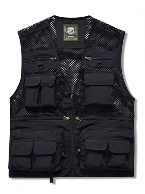 Zip Up Multi Pockets Mesh Cargo Vest #MensJackets #MensCoats Multi Pocket Vest, Hiking Vest, Photographer Outfit, Waistcoat Men, Cargo Vest, Fishing Vest, Streetwear Chic, Vest Outfit, Jacket Outdoor