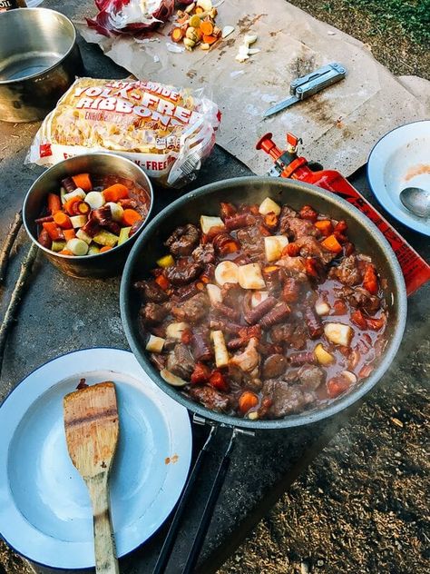 Campfire Beef Stew with Buttered Parsley Noodles Buttered Noodles, Dry Red Wine, Fire Cooking, Beef Chuck, How To Dry Rosemary, Mouth Watering Food, Fresh Rosemary, Beef Stew, Camping Meals