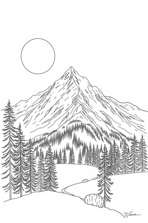 Check Out This Monoline Mountain Drawing & 12+ Other Mountain Drawing Ideas! #drawing #drawinginspiration Mountain Range Drawing, Mountain Drawing Simple, Tent Drawing, Draw Landscape, Drawing Mountains, Sea Turtle Drawing, Trees Drawing, Pine Tree Drawing, Mountain Sketch