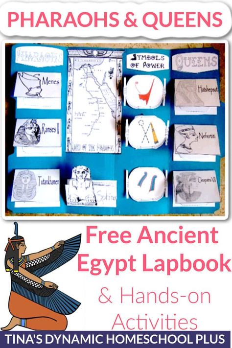 Fun Pharaohs and Queens Ancient Egypt Lapbook and Activities. If you're studying about ancient Egypt, this ancient Egypt lapbook about famous pharaohs and queens makes a great addition. Learning about pharaohs and queens helps kids to keep straight the different time periods in ancient Egypt.And use my other ancient civilization lapbooks to enhance your curriculum or use them stand alone. 26 page download free homeschool lapbook. Also, hands-on activities for a homeschool unit study. #lapbooks Egypt Lapbook, History Lapbook, Ancient Egypt Lessons, Egypt Lessons, 6th Grade Social Studies, Ancient Civilization, Homeschool Education, Unit Studies, Homeschool History