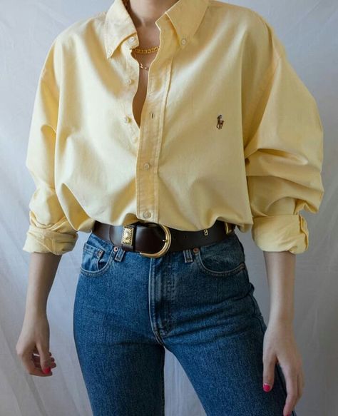 Yellow Classy Outfits, How To Style Yellow Shirt, Styling Mens Shirts For Women, Yellow Oversized Shirt Outfit, Polo Top Outfit Women, Yellow Button Up Shirt Outfit, Yellow Polo Shirt Outfit Woman, Shirt Styling For Women, Ralph Lauren Shirt Outfit