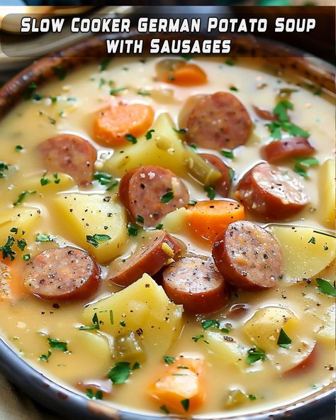 Sausage Stew Slow Cooker, Slow Cooker Sausage Soup, Potato Soup With Sausage, German Potato Soup, Slow Cooker Potato, Soup With Sausage, Sausage Potato Soup, Sausage Ingredients, Slow Cooker Potato Soup