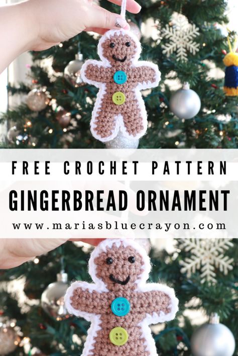 Crochet Gingerbread Ornament - Free Pattern - Maria's Blue Crayon Crochet Ornaments Free Pattern, Crochet Gingerbread, Holiday Crochet Patterns, Crochet Christmas Ornaments Free, Crochet Ornament Patterns, Blue Crayon, Christmas Crochet Patterns Free, Crochet Christmas Gifts, Crochet Xmas