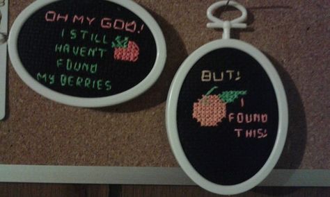 "Oh my God! I still haven't found my berries. But! I found this! " Gio Volpe Wood Nymph Vine inspired cross stitch set by Abbie Rose Davis Abbie Rose, Wood Nymph, Wood Nymphs, Completed Cross Stitch, Oh My God, My God, Oh My, Vines, Cross Stitch