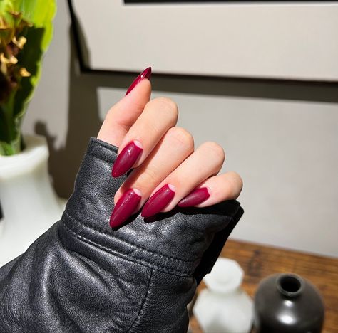 Green Half Moon Nails, Dark Red Acrylic Nails, Dark Red Acrylic, Half Moon Nails, Emerald Nails, Red Acrylic Nails, Moon Nails, Nails Green, Half Moon