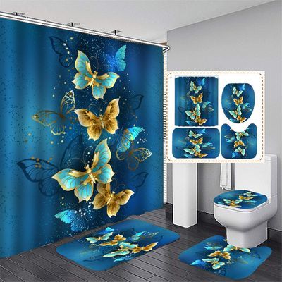 Bathroom Window Curtains, Butterfly Shower Curtain, Bathroom Shower Curtain Sets, Bathroom Mat Sets, Toilet Mat, Toilet Covers, Art Theme, Shower Curtain Decor, Blue Bathroom