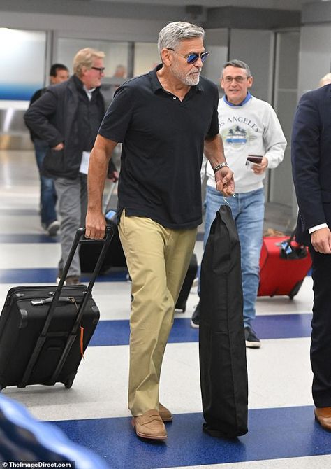 Selfie On Bed, George Clooney Twins, George Clooney Style, Jfk Airport, Black Polo Shirt, Brown Loafers, Black Polo, A Star Is Born, George Clooney