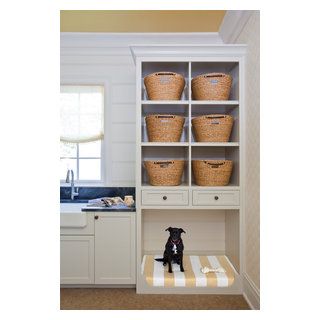 Show House Powder/Laundry - Transitional - Laundry Room - Other - by Harrison Design | Houzz Built In Dog Bed, Cottage Laundry Room, Dog Bed Storage, Laundry Room Storage Shelves, Room Storage Diy, Dog Spaces, Harrison Design, Barn Door Designs, Farmhouse Laundry Room