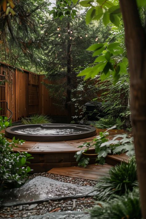 Backyard Hot Tub Ideas: Relax and Unwind - Quiet Minimal Spa In Backyard, Small Side Yard Ideas With Hot Tub, Small Space Hot Tub, Hot Tub Corner Backyard, Backyard Soaking Tub, Hot Tub Inground, Outside Soaking Tub, Hillside Hot Tub, Natural Jacuzzi Outdoor