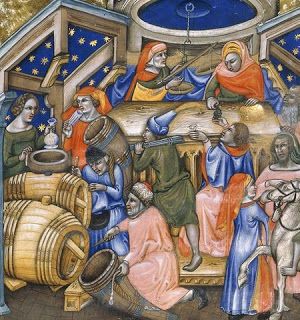 Wine merchants in Bologna, from a manuscript of c 1345 (image is in the Public Domain). Geoffrey Chaucer's father was a London wine merchant Medieval Kitchen, Medieval People, Medieval Food, Wine History, Athens Food, Wooden Bucket, Wine Merchant, Wine Art, The Middle Ages