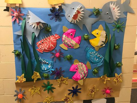 Preschool ocean mural Ocean Mural Preschool, Mural Preschool, Ocean Bulletin Board, Preschool Ocean, Ocean Mural, Beach Mural, Sea Aquarium, Prek Classroom, Seascape Art