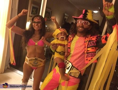 Wwe Family Costumes, Couples Wrestling Costumes, Ultimate Warrior Costume, Macho Man Randy Savage Costume, Hulk Hogan Halloween, Wwe Halloween, Wwe Costumes, Wrestling Costumes, Random Baby