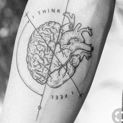 Brain Vs Heart Tattoo, Balance Heart And Brain Tattoo, Heart And Brain Tattoo, Tattoo Ideas Geometric, Brain Balance, Brain Tattoo, Korean Tattoo Artist, Heart And Brain, Heart Brain