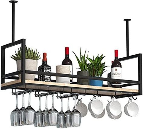 High Ceiling Shelf Decor, Floating Shelves For Kitchen, Ceiling Shelf, Hanging Storage Shelves, Wine Glass Shelf, Shelves For Kitchen, Hanging Wine Glass Rack, Home Command Center, Ceiling Shelves