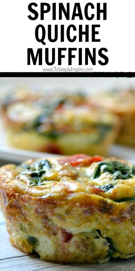 These Spinach Quiche Muffins are a healthy breakfast idea that can be customized with fillings of your choice like spinach, mushrooms, onions, cheese, red bell peppers. They are easy to make ahead and warm each morning. Spinach Quiche Muffins, Muffin Quiche, Quiche Mini, Quiche Easy, Egg Cupcake, Vegetable Quiche Recipes, Pumpkin Waffles Recipe, Vegetable Muffins, Quiche Muffins