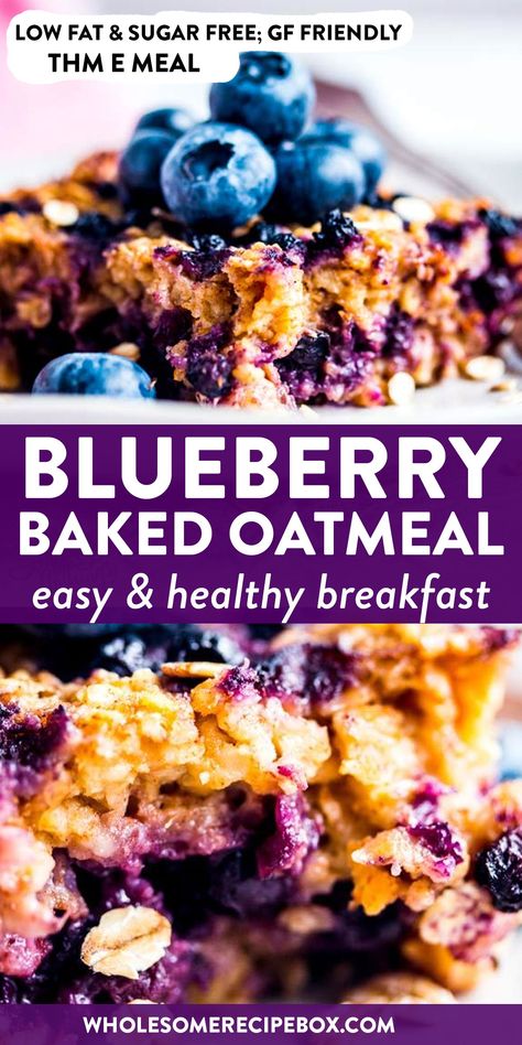 Whip up this healthy Blueberry Oatmeal Bake for a breakfast the whole family will enjoy! You can prep ahead the night before – so easy and convenient! Serve it with Greek yogurt for an extra filling and protein-rich meal. This recipe is Trim Healthy Mama friendly (THM E), low fat and gluten free (if using certified gf ingredients!). | #recipe #easyrecipes #trimhealthymama #thm #thme #lowfat #healthy #breakfast #backtoschool #healthyfood #healthyrecipes #cleaneating #ww #glutenfree Healthy Breakfast Baking, Blueberry Baked Oatmeal, Blueberry Oatmeal Bake, Resep Oatmeal, Easy And Healthy Breakfast, Baked Oatmeal Recipe, Menu Sarapan Sehat, Blueberry Syrup, Baked Oatmeal Recipes