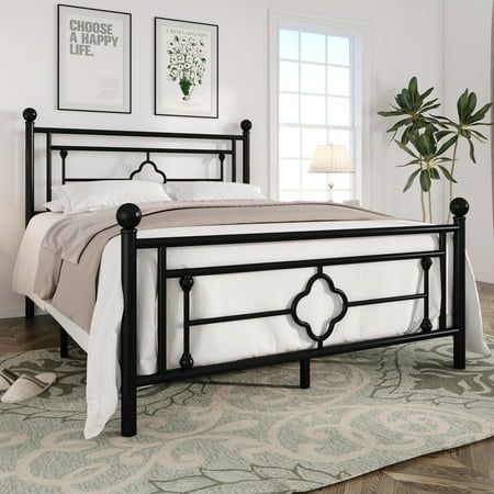 We all dream of having a home of our own, decorating it with our favorite and most comfortable furniture - Einfach Furniture The Einfach metal bed is simple in design, and the black/white overall is suitable for bold colors and finishes, which will blend into any style of the room and brighten up the bedroom. This bed is equipped with a headboard, footboard, durable metal slats, side rails, and legs, sturdy construction provides sufficient support and comfort for the body and mattress. An extra Black Iron Bed Decor, Iron Bed Frame Bedroom, Iron Bed Design, Metal Bed Frame Bedroom Ideas, Headboard Pattern, Pattern Headboard, Black Iron Beds, Mom Room, Vintage Headboard