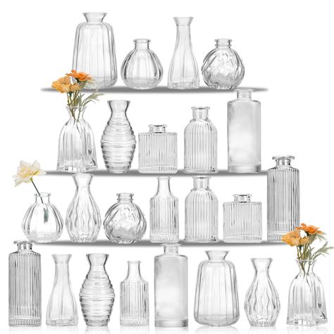 PRICES MAY VARY. [Centerpiece Decor Vases] Each set contains 24 glass bud vases of different shapes, the embossed printing texture is clear, every detail of each product is carefully designed, different heights and shapes make this series look unique and exquisite, to meet any of your decorative needs in any environment. [High-quality Glass] The glass bud vase is made of high-quality glass, with three-dimensional carving, the bottle body is transparent, durable and not easy to break, the bottle Wedding Decorations Vintage, Vases For Centerpieces, Glass Vases Centerpieces, Vases For Flowers, Home Table Decor, Small Vases, Small Glass Vases, Rustic Wedding Decorations, Glass Bud Vase