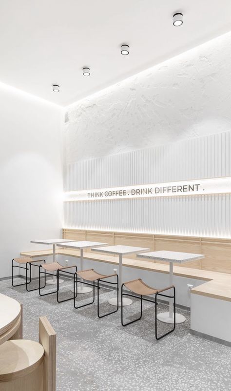 Contemporary Cafe Interior Design, White Restaurant Interior Design, Minimal Cafe Design, Minimal Cafe, Coffee Shop Concept, Simple Cafe, Small Restaurant Design, White Restaurant, White Cafe