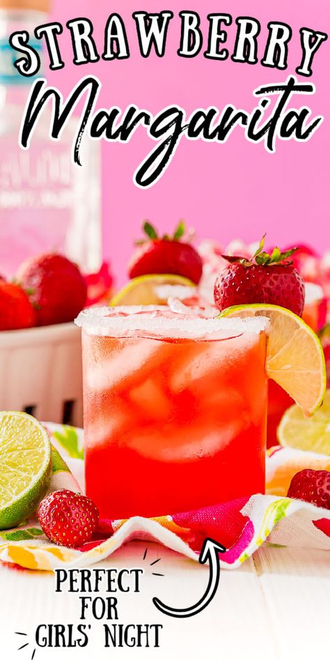 Strawberry Margaritas are fruity, fresh, and perfect for summer! Made with tequila, orange liqueur, fresh lime juice, and homemade strawberry simple syrup. This cocktail can be sipped on the rocks or frozen. via @sugarandsoulco Fancy Margaritas, Strawberry Margarita Recipe Pitcher, Simple Syrup Margarita Recipe, Easy Strawberry Margarita Recipe, Strawberry Margarita Recipe On The Rocks, Strawberry Margarita On The Rocks, Margarita Recipes On The Rocks, Strawberry Margarita Punch, Galentines Cocktails