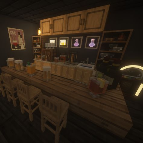 #minecraft#minecraftbuildingideas#bar#minecraftbar Minecraft Juice Bar, Minecraft Speakeasy, Bar Ideas Minecraft, Minecraft Jazz Club, Minecraft Bar Design, Minecraft Bar Interior, Pub Minecraft, Bar In Minecraft, Minecraft Strip Club Ideas