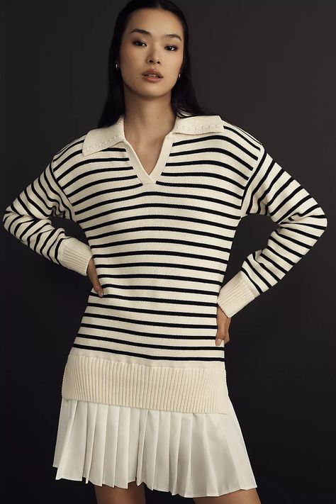 English Factory Twofer Polo Sweater Dress | Anthropologie Layered Knitwear, Twofer Sweater, Twofer Dress, Multicolor Sweater, Winter Styles, English Factory, Sweater Layering, Dresses 2024, Polo Sweater