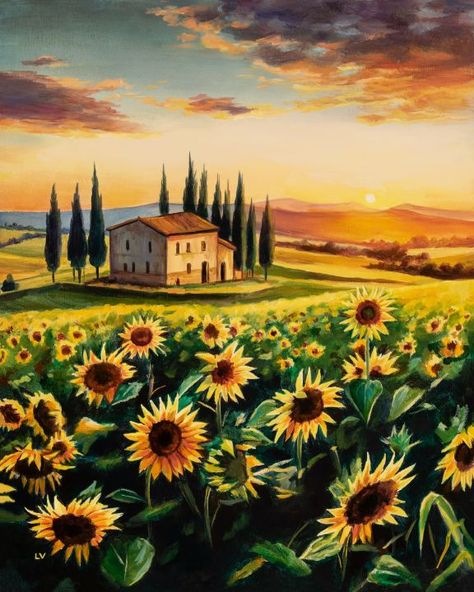 Sunflower Field Landscape, Sunflowers Landscape, Dining Room Decor Rustic, Italian Farmhouse, Field Landscape, Sun Flowers, Tuscan Villa, Italian Countryside, Rustic Dining Room