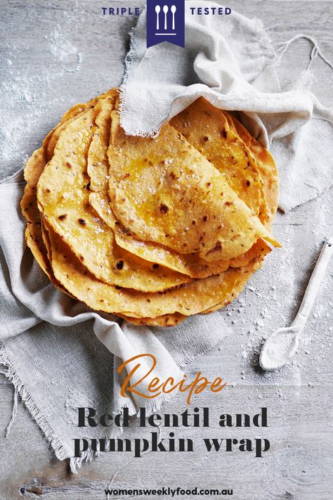 Why use wraps that are packed with sugar and have almost no taste? Our red lentil and pumpkin wrap ins't just healthy but totally delicious. Silverside Roast, Lentil Wraps, Winter Holiday Recipes, Lentil Flour, Pumpkin Varieties, Vegetables For Babies, Muffins Recipes, Lamb Meatballs, Bolognese Recipe