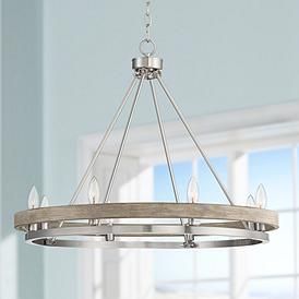 Lora 29 1/4" Wide Nickel and Gray Wood Finish 8-Light Ring Chandelier Living Room Lighting Tips, Brushed Nickel Chandelier, Chandelier Farmhouse, Wheel Chandelier, Rustic Room, Ring Chandelier, Dining Room Light Fixtures, Elegant Chandeliers, Wagon Wheel Chandelier