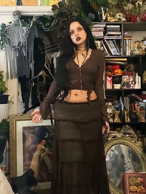 whimsigothic Dark Earthy Outfits, Thrifted Jewelry, Whimsigoth Top, Hippy Goth, Gothic Hippie, Whimsical Goth, Hippie Goth, Alt Outfits, Earthy Outfits