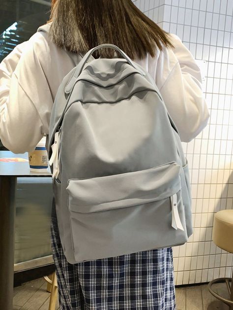 Grey Casual Collar  Polyamide Colorblock,Plain Classic Backpack Embellished   Women Bags Backpack For High School, High School Backpack, Campus Backpack, Student Travel, College Backpack, Middle School Student, Classic Backpack, School Students, High School Students