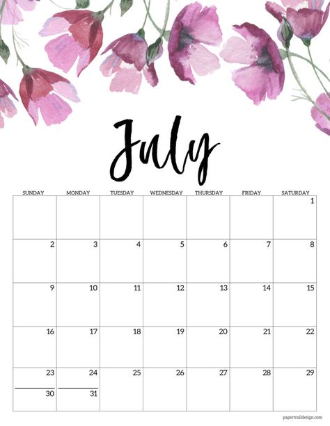 Paper Trail Design, Flower Calendar, Printable Calendar 2020, July Calendar, Trail Design, Blank Calendar Template, Monthly Calendar Template, Free Calendar, Printable Calendar Template